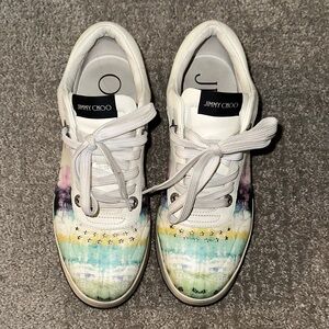 Jimmy Choo White Leather Low-Top Sneakers with Multicolor Watercolor Print